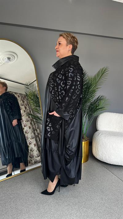 Selma Büyük Beden Leopar Detaylı Deri Elbise