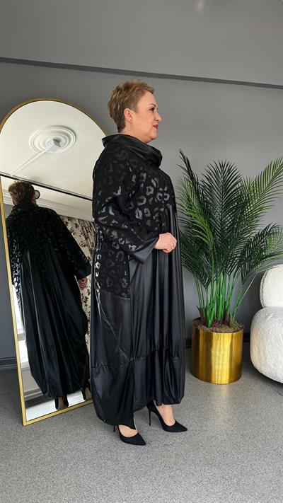 Selma Büyük Beden Leopar Detaylı Deri Elbise