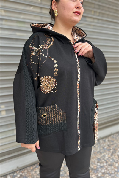 Selma Büyük Beden Leopar Detaylı Rahat Kesim Hırka