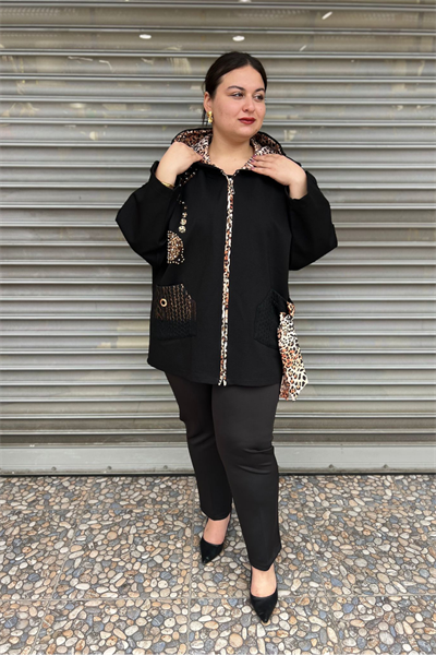 Selma Büyük Beden Leopar Detaylı Rahat Kesim Hırka