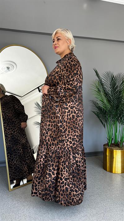 Selma Büyük Beden Leopar Fırfırlı Elbise