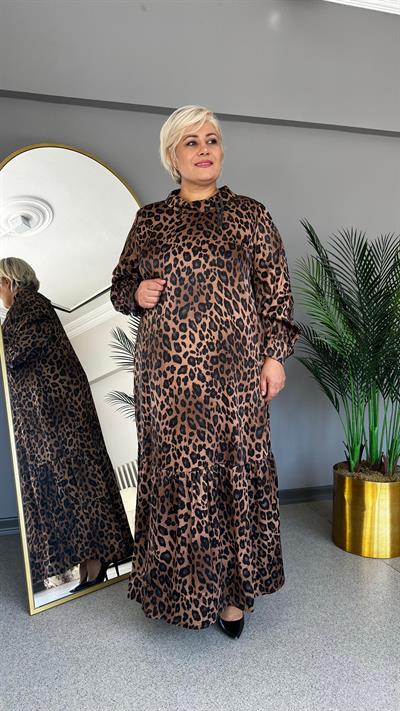 Selma Büyük Beden Leopar Fırfırlı Elbise
