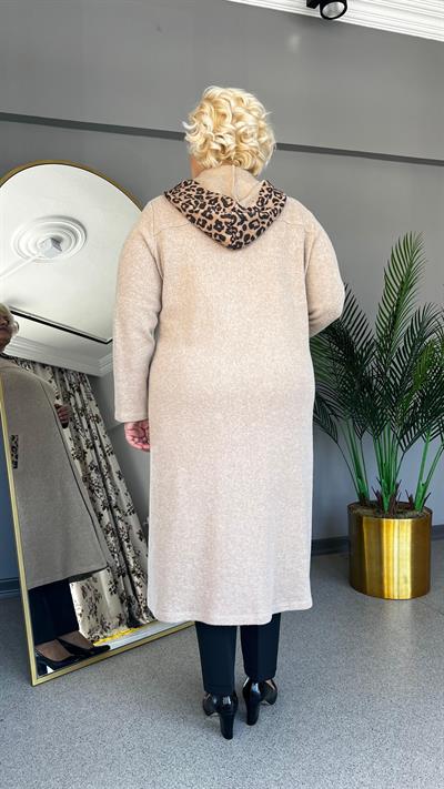 Selma Büyük Beden Leopar Kapüşonlu Hırka (BT)