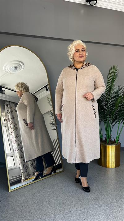 Selma Büyük Beden Leopar Kapüşonlu Hırka (BT)