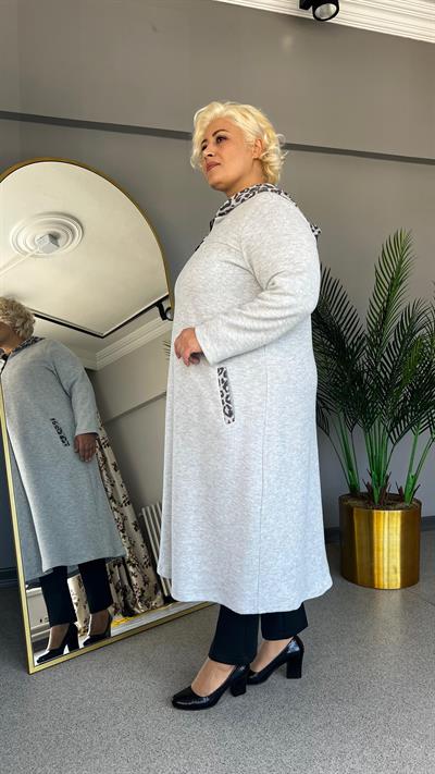 Selma Büyük Beden Leopar Kapüşonlu Hırka (BT)