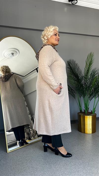 Selma Büyük Beden Leopar Kapüşonlu Hırka