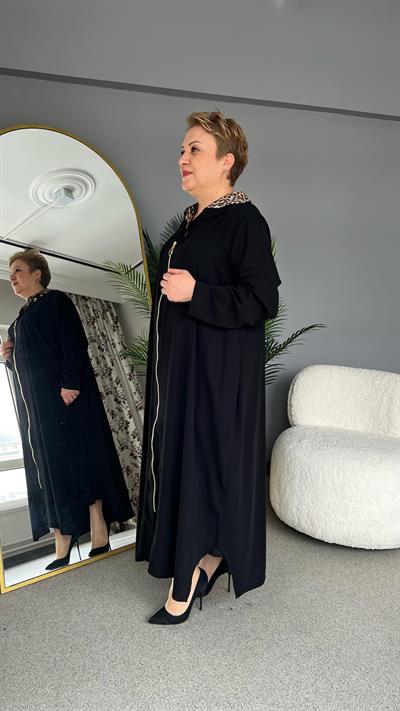 Selma Büyük Beden Leopar Yaka Elbise/Ferace
