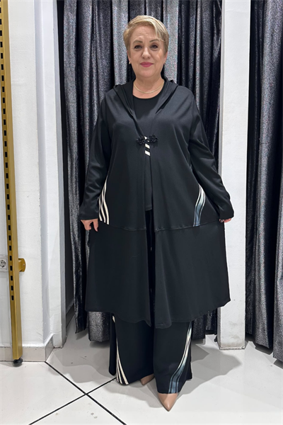 Selma Büyük Beden Modern Çizgili Üçlü Takım