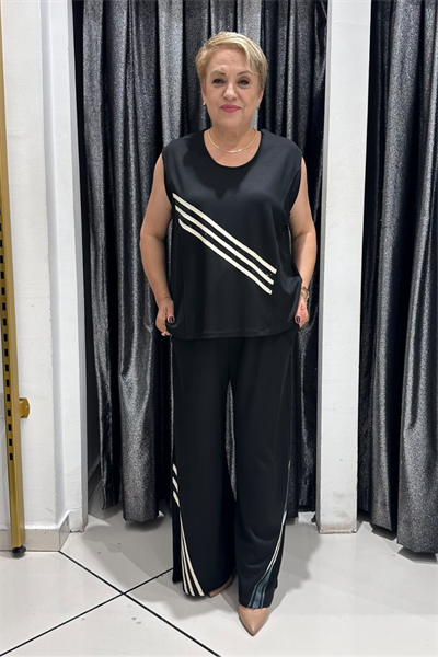Selma Büyük Beden Modern Çizgili Üçlü Takım