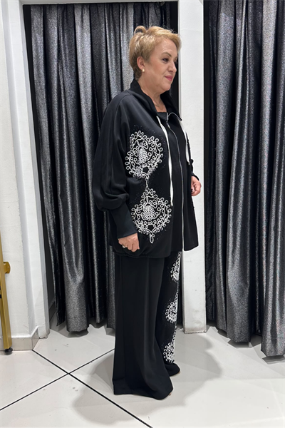 Selma Büyük Beden Modern Desen İşlemeli Fermuarlı Takım