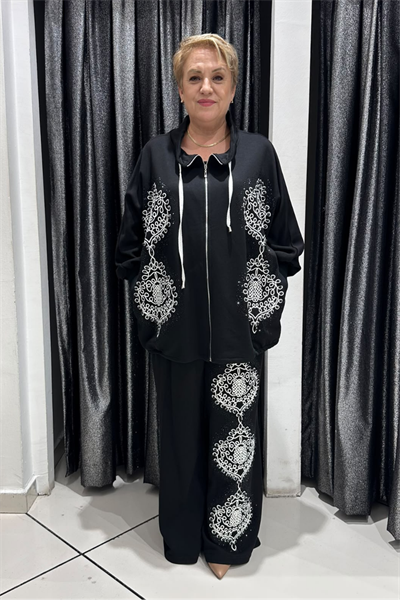 Selma Büyük Beden Modern Desen İşlemeli Fermuarlı Takım