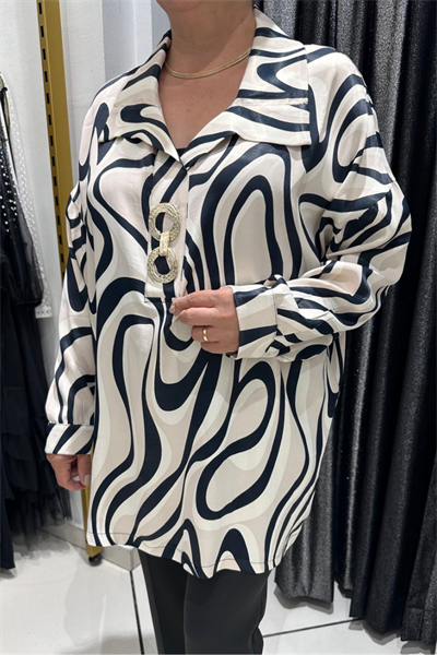Selma Büyük Beden Modern Desen Saten Bluz