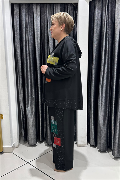 Selma Büyük Beden Modern Patchwork Detaylı Kapüşonlu Takım