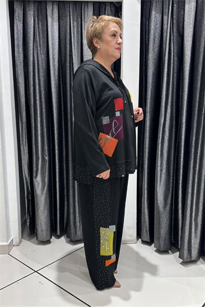 Selma Büyük Beden Modern Patchwork Detaylı Kapüşonlu Takım