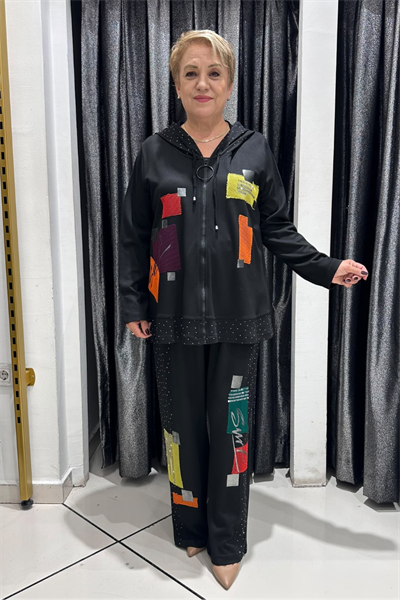 Selma Büyük Beden Modern Patchwork Detaylı Kapüşonlu Takım