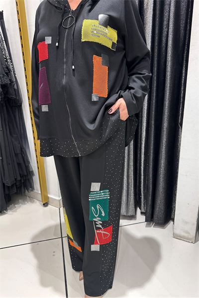 Selma Büyük Beden Modern Patchwork Detaylı Kapüşonlu Takım