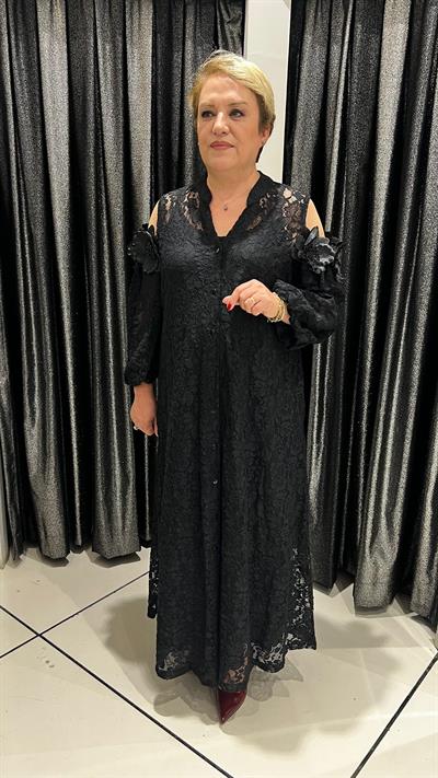 Selma Büyük Beden Omuz Dekolteli Siyah Dantel Elbise