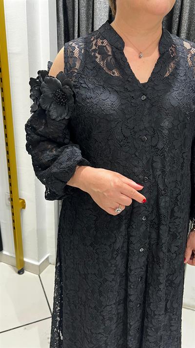 Selma Büyük Beden Omuz Dekolteli Siyah Dantel Elbise