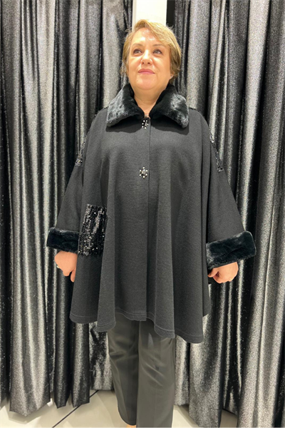 Selma Büyük Beden Omuz Payetli Kürk Yaka Panço