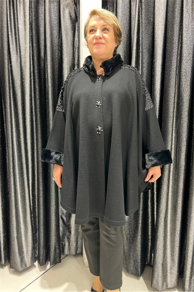 Selma Büyük Beden Omuz Payetli Kürk Yaka Panço