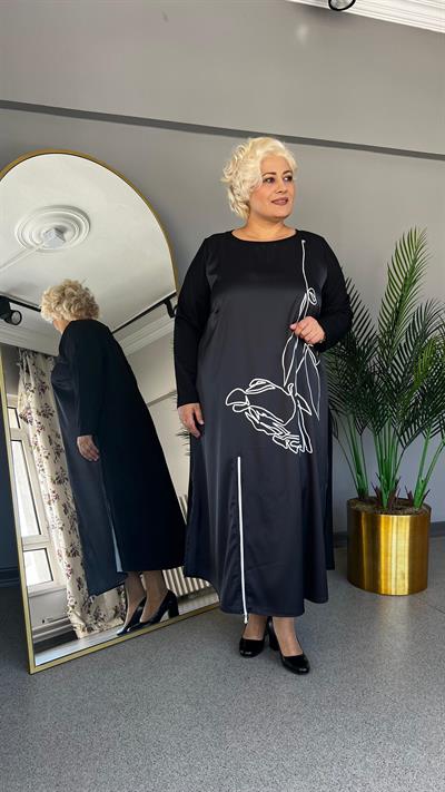 Selma Büyük Beden Ön Saten Arka Örme Kumaş Elbise Tunik