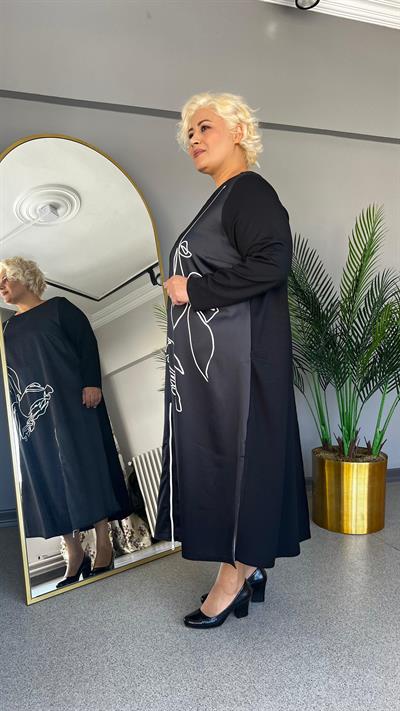 Selma Büyük Beden Ön Saten Arka Örme Kumaş Elbise Tunik