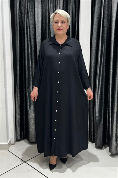 Selma Büyük Beden Önden Düğmeli Arka İşlemeli Elbise