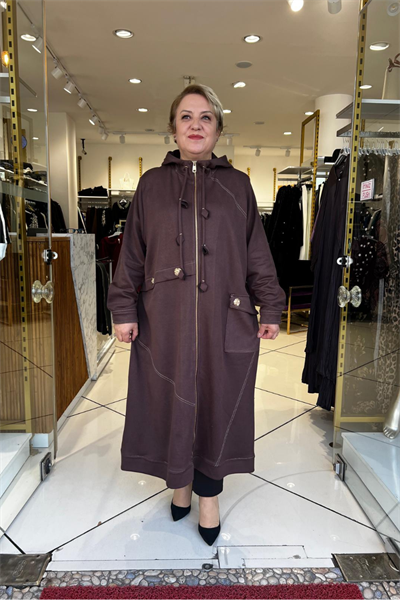 Selma Büyük Beden Önden Fermuarlı Kapüşonlu Örme Kupra Kap