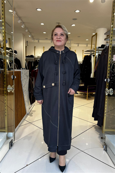 Selma Büyük Beden Önden Fermuarlı Kapüşonlu Örme Kupra Kap