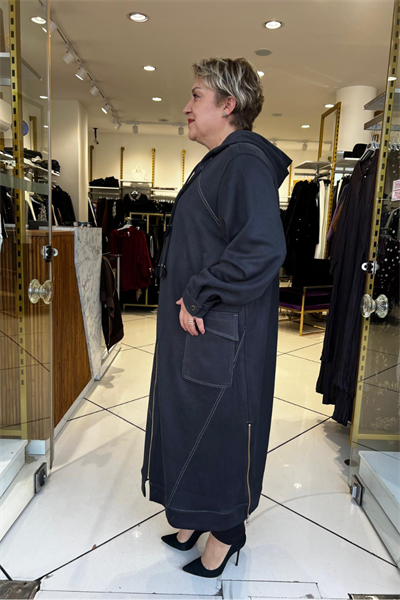 Selma Büyük Beden Önden Fermuarlı Kapüşonlu Örme Kupra Kap