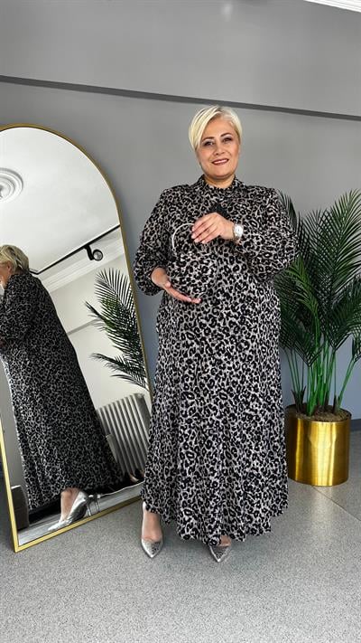 Selma Büyük Beden Öpücük Yaka Leopar Elbise