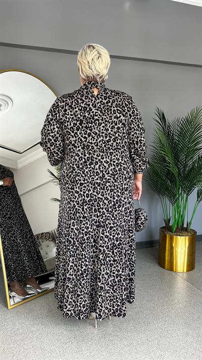Selma Büyük Beden Öpücük Yaka Leopar Elbise