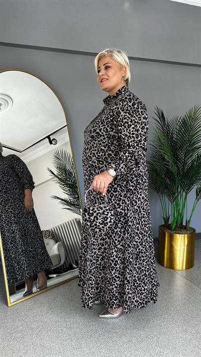 Selma Büyük Beden Öpücük Yaka Leopar Elbise