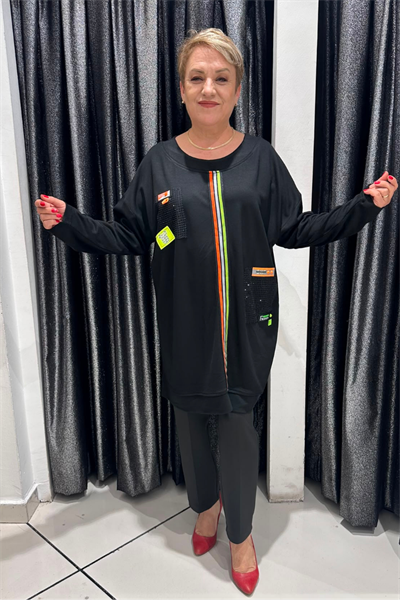 Selma Büyük Beden Örme Kumaş Şeritli Patch Detaylı Tunik