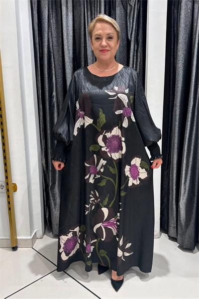 Selma Büyük Beden Pamuk Saten A Kesim Çiçek Desenli Elbise