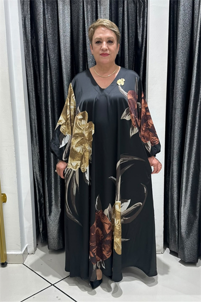 Selma Büyük Beden Pamuk Saten Çiçek Desenli V Yaka Elbise