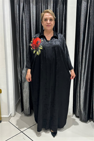 Selma Büyük Beden Pamuk Saten Çiçek Detaylı Elbise