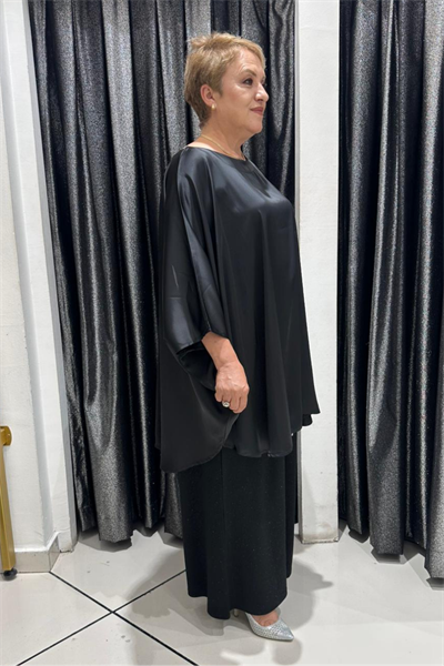 Selma Büyük Beden Pamuk Saten Desenli Bluz ve Örme Pantolon Takım