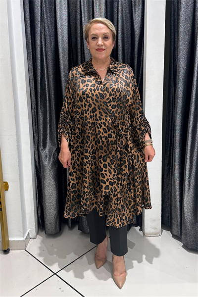 Selma Büyük Beden Pamuk Saten Leopar Tunik