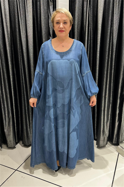 Selma Büyük Beden Pamuklu Denim Çiçek Desenli Elbise