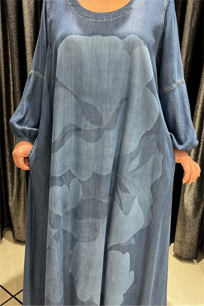 Selma Büyük Beden Pamuklu Denim Çiçek Desenli Elbise