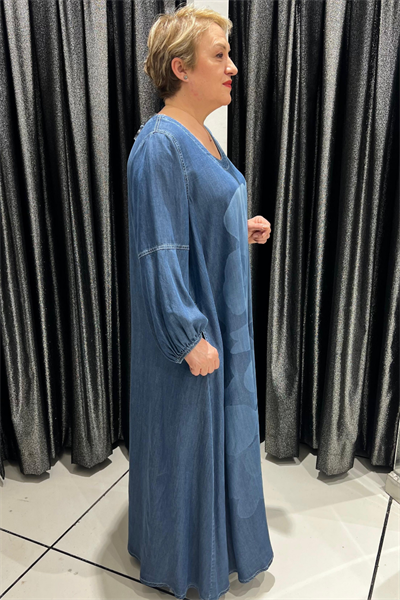 Selma Büyük Beden Pamuklu Denim Çiçek Desenli Elbise