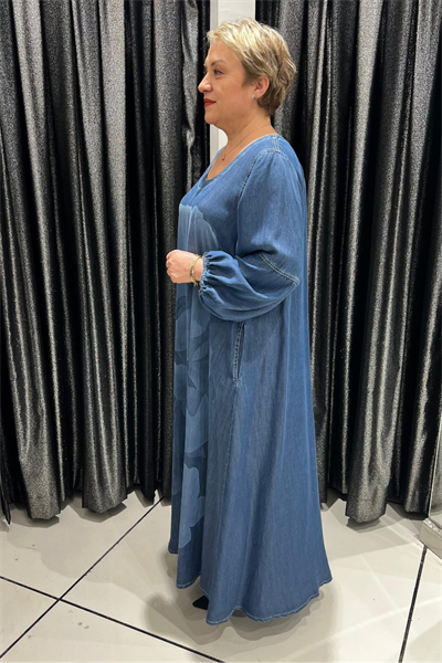 Selma Büyük Beden Pamuklu Denim Çiçek Desenli Elbise