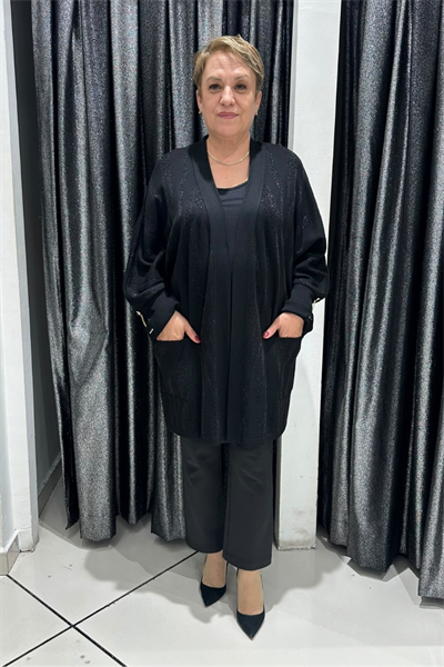 Selma Büyük Beden Parlak Desenli Cepli Triko Hırka