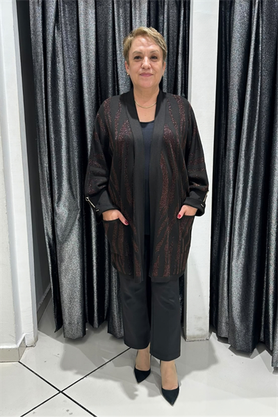 Selma Büyük Beden Parlak Desenli Cepli Triko Hırka