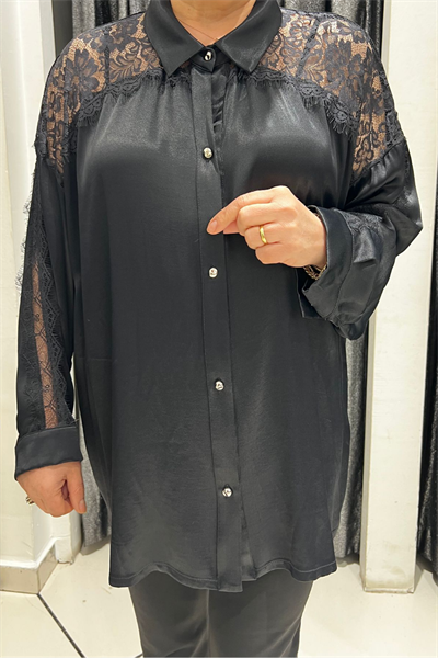 Selma Büyük Beden Parlak Saten Gömlek – Dantel Detaylı