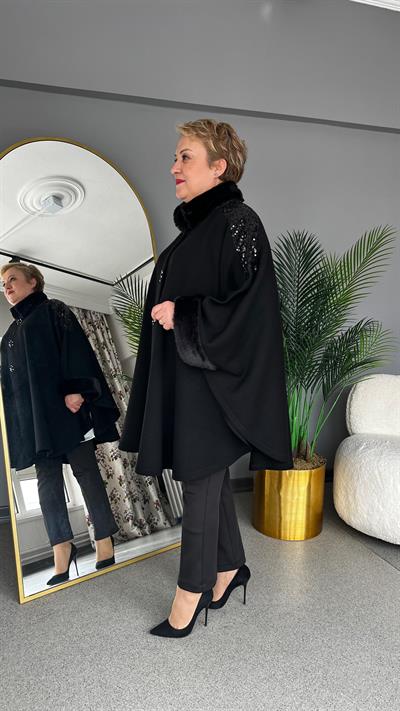 Selma Büyük Beden Parlak Taş İşlemeli Pelerin/Panço