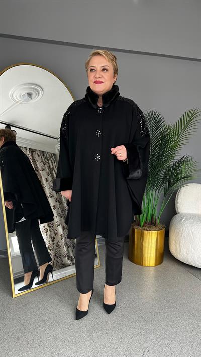 Selma Büyük Beden Parlak Taş İşlemeli Pelerin/Panço