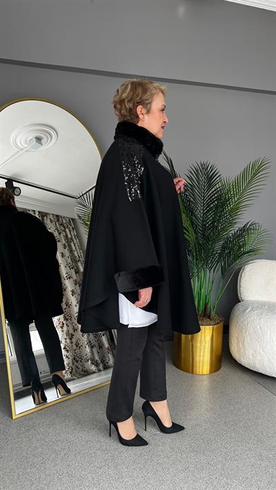 Selma Büyük Beden Parlak Taş İşlemeli Pelerin/Panço