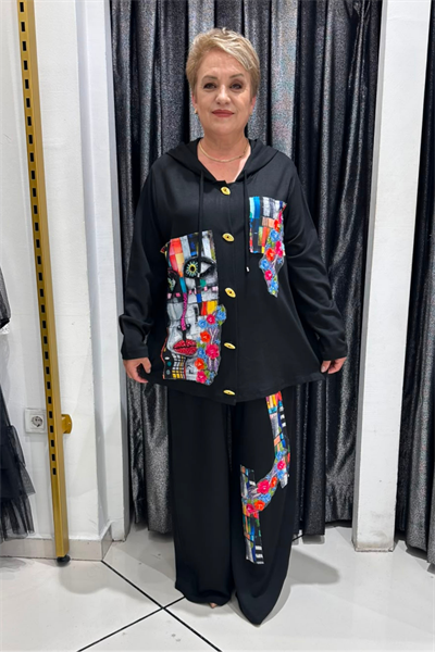 Selma Büyük Beden Patch Detaylı Renkli Desenli Takım